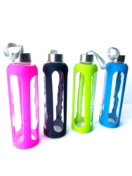 Glass water bottle with stainless steel lid 