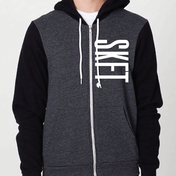 Unisex Grey and Black super soft zip up hoodie with white SKFT on the top left chest area  with the maple leaf