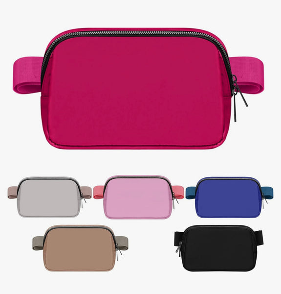 Fanny Packs- Fuscia Pink, Pink, Black, Navy Blue, White and Beige with signature SaskFit logo and the maple leaf 