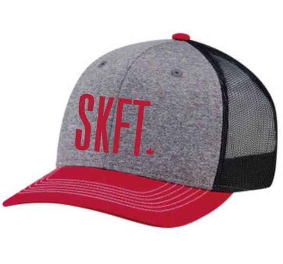 Red and Charcoal youth hat with red SKFT logo and the maple leaf embrodiery