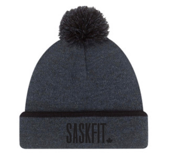 Charcoal and Black Pom Pom unisex toque with black embroidery SaskFit and the maple leaf 