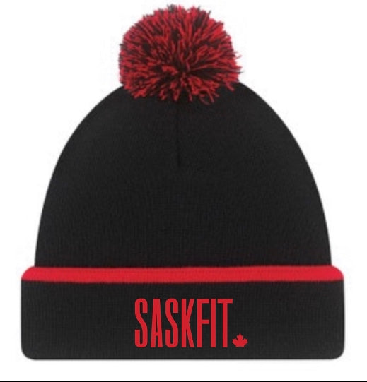 Red and Black Pom Pom unisex toque with red embroidery SaskFit and the maple leaf 