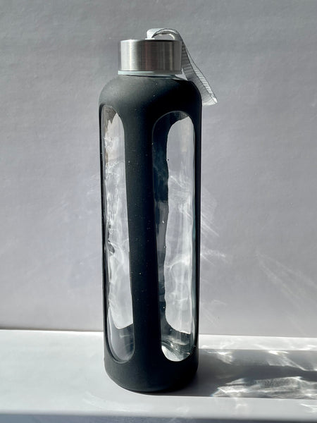Black glass water bottle with stainless steel lid 
