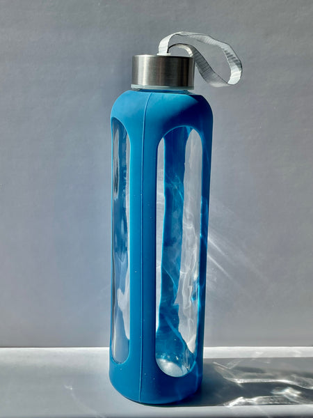 Blue water bottle with stainless steel lid