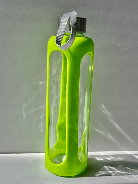 Green glass water bottle with stainless steel lid