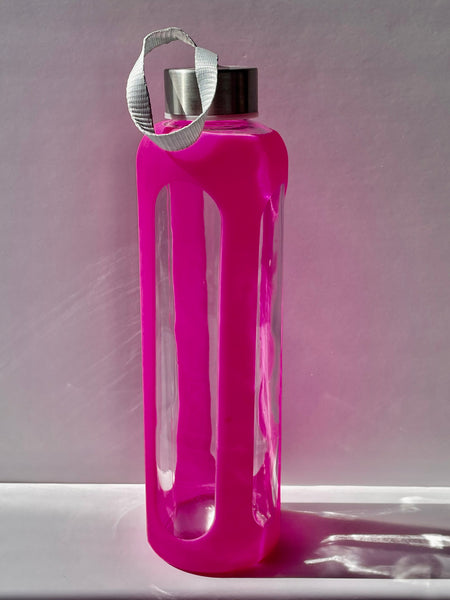 Pink glass water bottle with stainless steel lid 